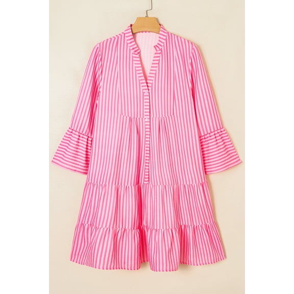 Pink Stripe Flare Sleeve Half Placket Tiered Flowy Mini Dress
