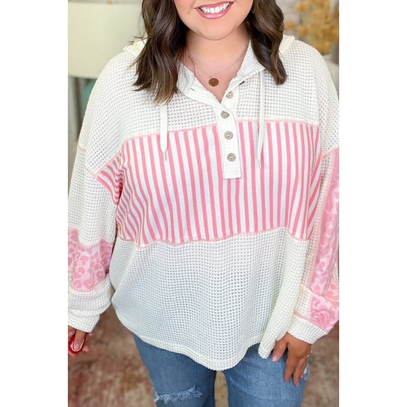 Pink Stripe Leopard Patchwork Waffle Knit Buttoned Plus Size Hoodie