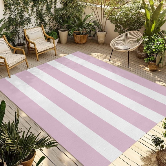 Pink Stripe Outdoor Rug 3x5 Ft - Reversible Patio Rug Outdoor Camping Rugs, Modern Simple Geometric White Striped Washable Indoor Outdoor Area Rugs, Non-Slip Outdoor Carpet Runner for Deck/Porch