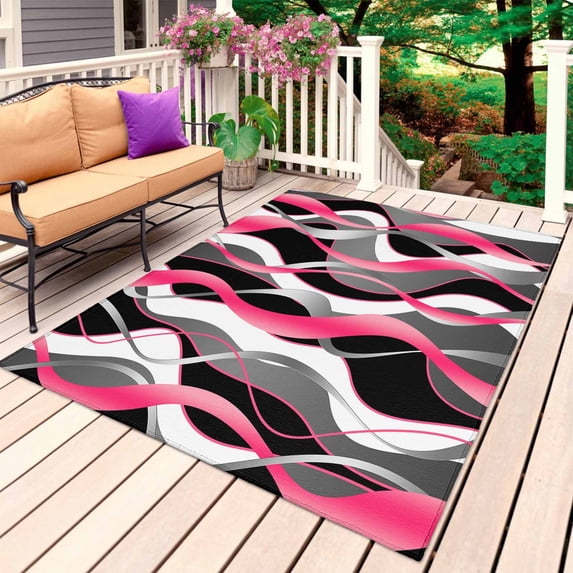 Pink Stripe Outdoor Rug 5x8 Ft, Non Slip Washable Area Rug, Gradient Grey Moire Geometric Modern Abstract Patio Rugs Carpet Runner, Large Floor Mat for Indoor/Outdoor Deck Porch Camping