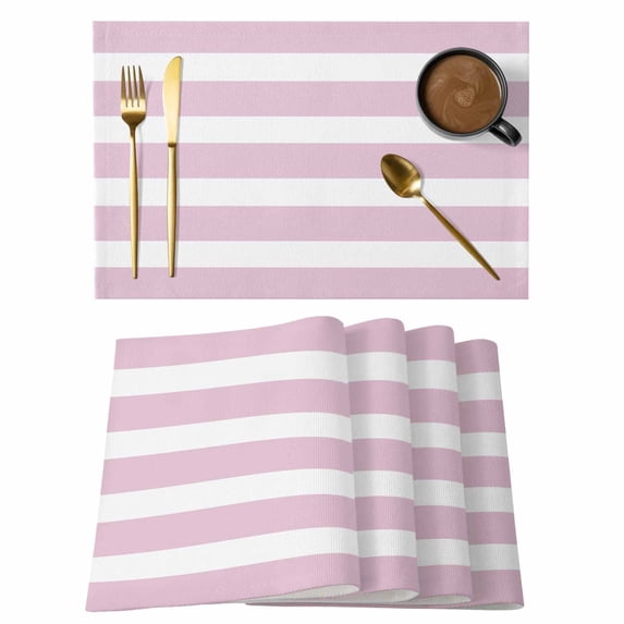 Pink Stripe Placemats Set of 8, Modern Simple Geometric White Striped Placemats for Dining Table, Place Mats for Kitchen Tabletop, Waterproof Wipeable Dining Table Mats Set