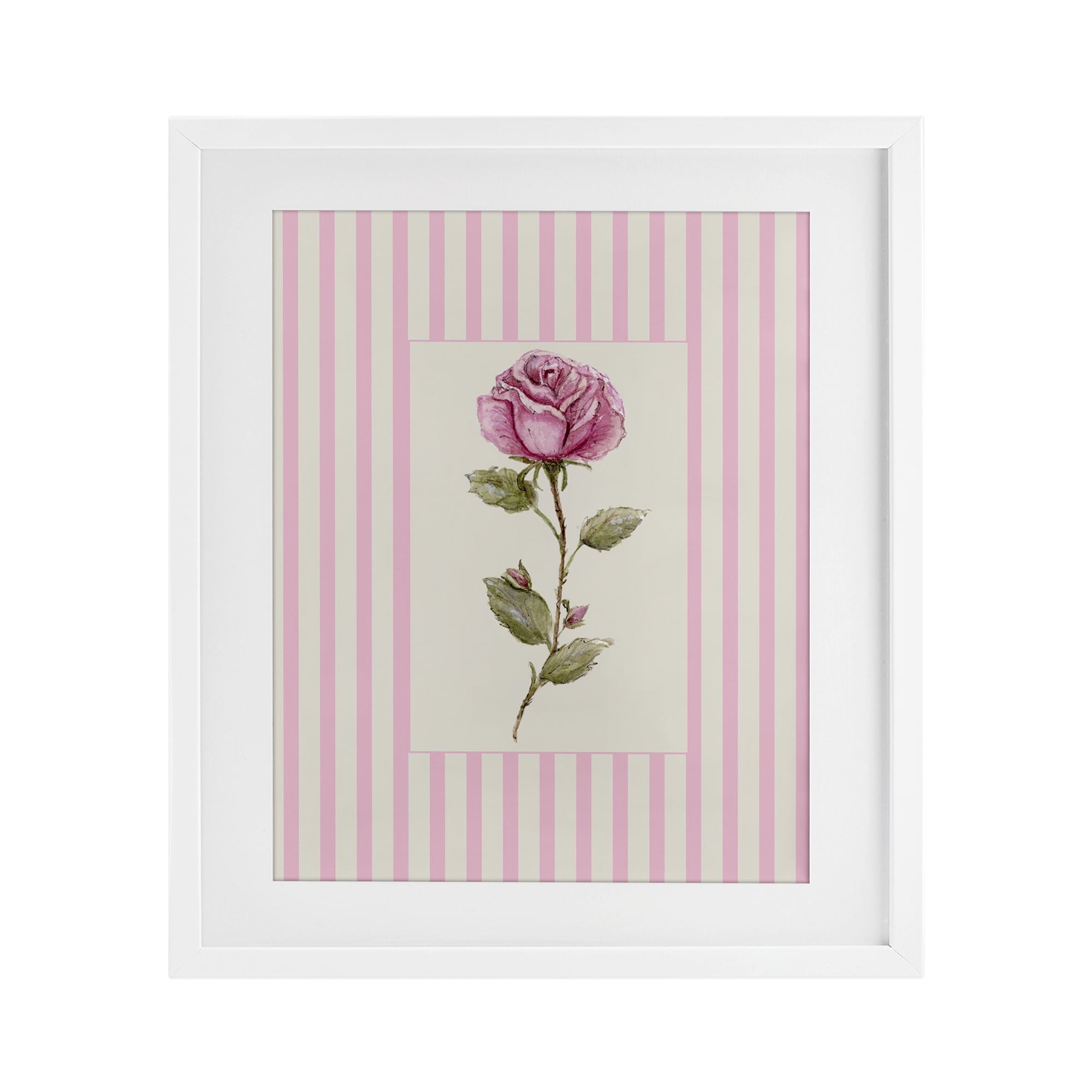 Pink Stripe Rose White Framed Print Under Glass, design by Lisa Wehmeyer