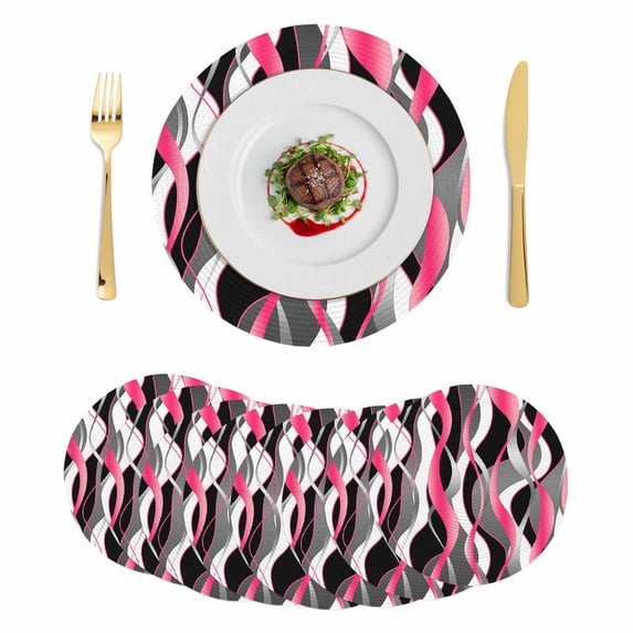 Pink Stripe Round 13 Inch Placemats Set of 8, Gradient Grey Moire Geometric Modern Abstract HeatResistant Non Slip Place Mats for Dining Table, Wipeable Braided Kitchen Table Mats for Housewarming