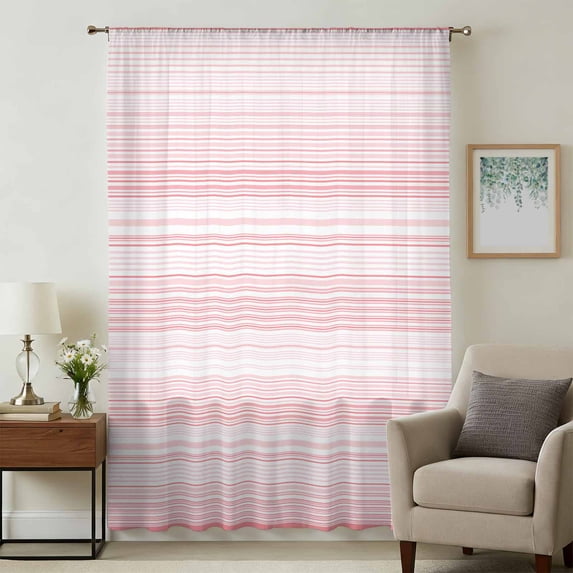 Pink Stripe Sheer Curtains 45 Inches Long, Abstract Art Modern Vertical Striped Light Filering Curtains, Breathable Simi Curtain Privacy Drapes for Kitchen Bathroom Lightweight Small Window Treatment