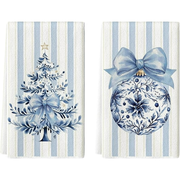 Pink Stripe Xmas Tree Christmas Kitchen Towels Dish Towels, 16x24 Inch Farmhouse Ornaments Winter Decoration Cleaning Set of 2