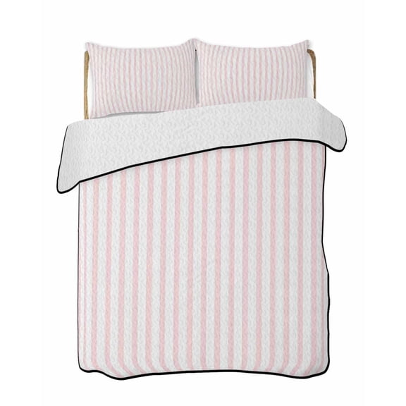 Pink Striped 3 Piece Quilt Bedding Set with 2 Pillow Shams, Modern Stripes Farmhouse Rustic Simple Lightweight Bedspread Coverlet, Soft Breathable All Season Quilt, 96 x 106 Inch