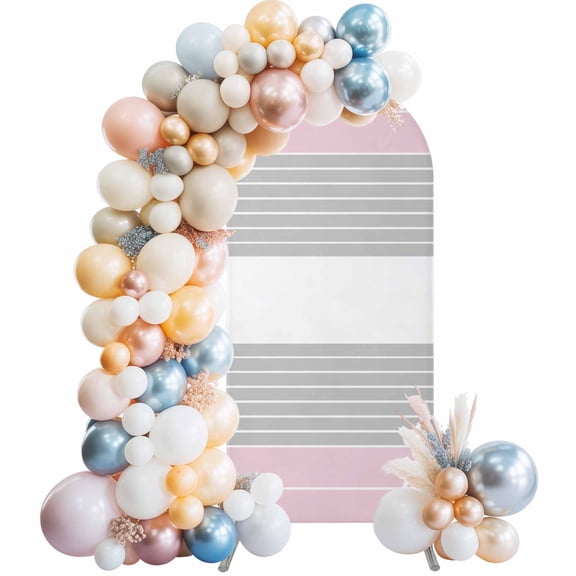 Pink Striped Arch Backdrop Cover 5Ft, Wedding Arch Covers Stretchy Backdrop, Multicolor Grey White Horizontal Stripes Fitted 2 Sided Arched Photo Background for Birthday Party Decorations