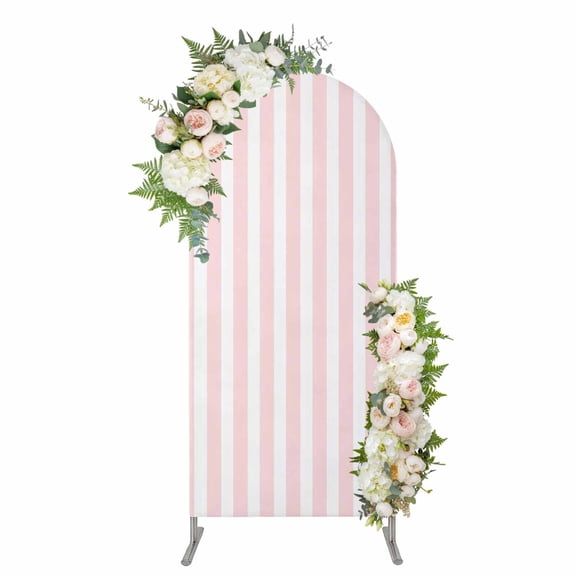 Pink Striped Arch Backdrop Cover 7.2FT, Modern Farmhouse Pink White Stripes Spandex Fitted Stretchy Arch Stand Covers, Round Top Chiara Backdrop Cover for Wedding Party Birthday Baby Shower