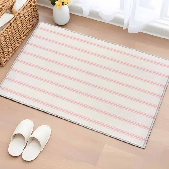 Pink Striped Bathroom Mats 2x3 FT, Non Slip Small Kitchen Mat, Rustic Pink Stripe Modern Art Beige Washable Soft Backed Front Door Throw Rugs Non-Shedding Indoor Outdoor Doormat for Entryway Sink