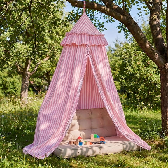 Pink Striped Bed Canopy with Ruffles, Soft Cute Decorative Tent, Hanging Bed Curtains for Reading Nook Play Area, Adult Bedroom Circus Tent Canopy