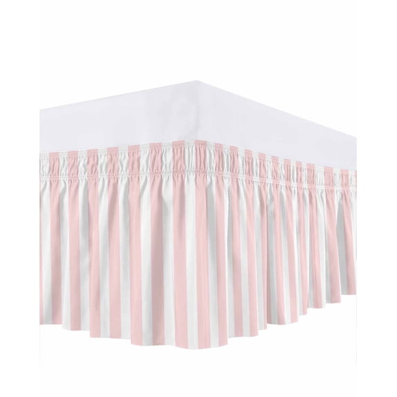 Pink Striped Bed Skirt Cal King Size, Modern Farmhouse Pink White Stripes Wrap Around Bed Skirting with Adjustable Elastic Strap, Dust Ruffled Pleated Bedskirts 16 Inch Drop for Bedroom Cal King Beds