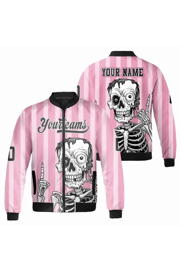 Pink Striped Bomber Jacket with Unique Skeleton Graphic Design – Lightweight Casual Streetwear for Men and Women, Perfect for Spring and Halloween