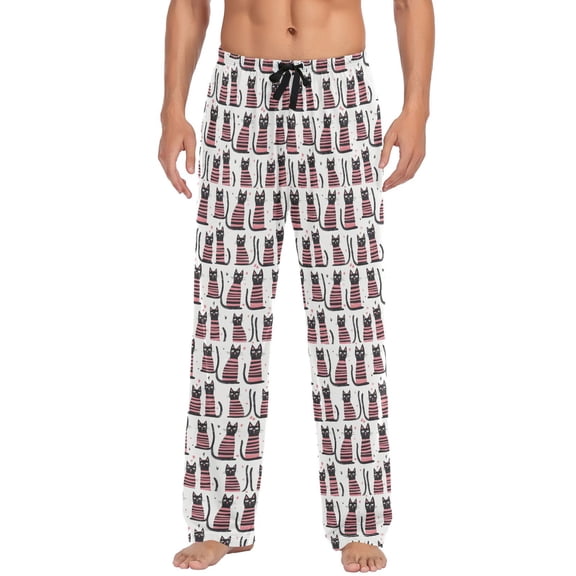 Pink Striped Cat Mens Pajama Pant Sleep and Lounge Bottons with Pockets