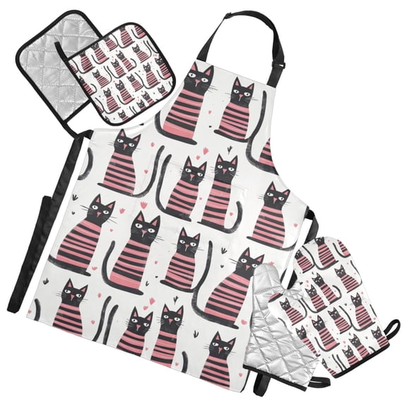 Pink Striped Cat Oven Mitts and Pot Holders with Chef Apron Set 5 Pcs Kitchen Cooking Set