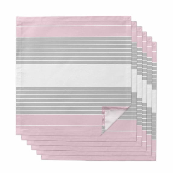 Pink Striped Cloth Napkins, Multicolor Grey White Horizontal Stripes Washable and Reusable Dinner Napkins Set of 6, Table Napkin for Kitchen Party Birthday Wedding Hotel Housewarming 20"x20"