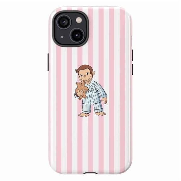 Pink Striped Curious Monkey Phone Case, Retro Cozy Theme Protective Back Cover for iPhone 17, 16, 15, 14, 13, 12, 11 Series
