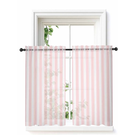 Pink Striped Curtains 45 Inch Length, Sheer Curtains for Bedroom Living Room Window Modern Farmhouse Pink White Stripes Rod Pocket Voile Drapes Kitchen Curtains Small Half Window 42"x45" 2 Panels