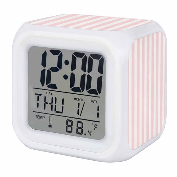 Pink Striped Digital Alarm Clock for Bedrooms, Smart LED Alarm Clock with 7 Color Changing Night Light, Modern Farmhouse Pink White Stripes Silent Wake Up Clocks for Sleep Study Cooking 3.2"x3.2"