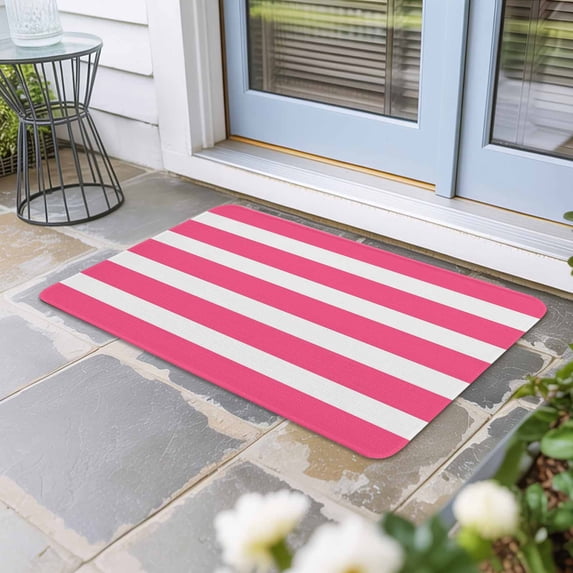 Pink Striped Door Mat Indoor Outdoor, Modern Simple Monochrome Geometric White Non Slip Welcome Mat with Rubber Backing, Absorbent Fabric Front Door Mats Entryway Rug for Home Patio Entrance 16"x24"