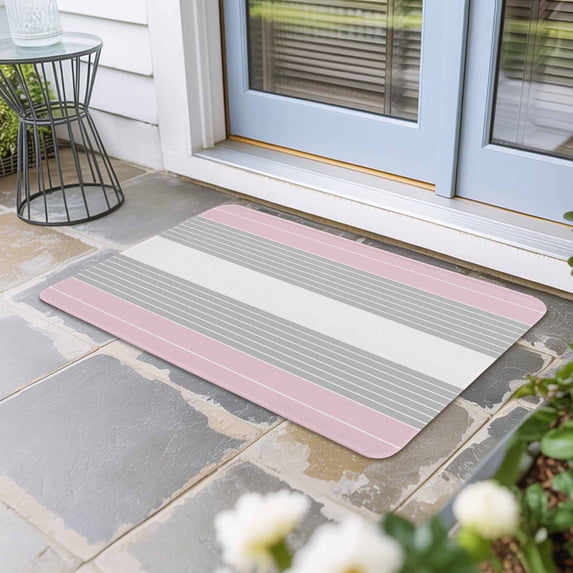 Pink Striped Door Mat Indoor Outdoor, Multicolor Grey White Horizontal Stripes Non Slip Welcome Mat with Rubber Backing, Absorbent Fabric Front Door Mats Entryway Rug for Home Patio Entrance 18"x30"