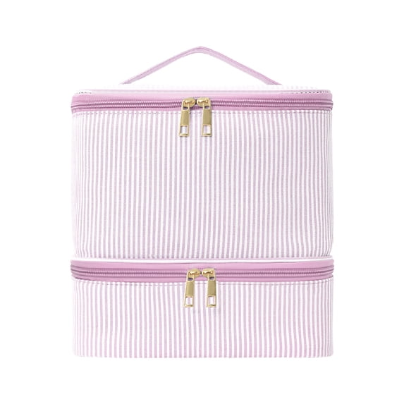 Pink Striped Double-Layer Nail Polish Storage Bag, Portable Waterproof Organizer with Handle, Large Capacity Travel Case for Nail Care Tools & Accessories, Home Salon Use