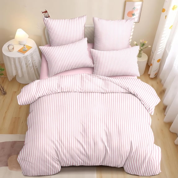 Pink Striped Duvet Cover Queen Size White Stripe Duvet Cover Dorm Bedding Set 3 Pieces Soft Lightweight Washed Microfiber Farmhouse Bedding Set Gifts for Women Men