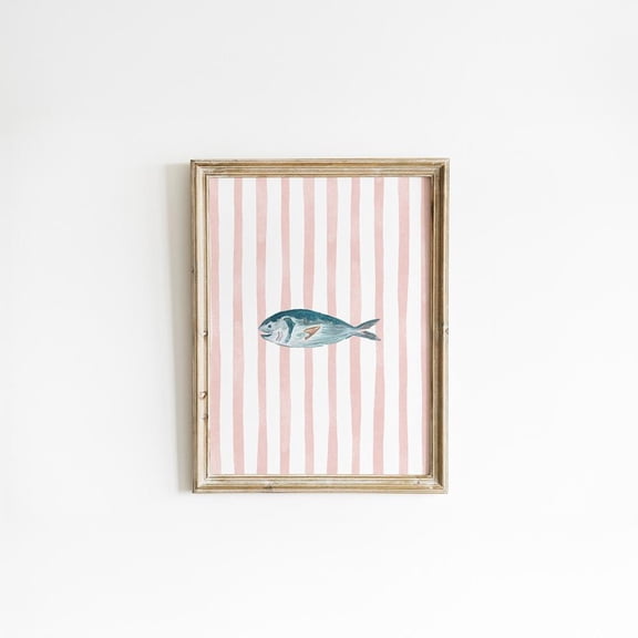 Pink Striped Fish Print Coastal Nursery Wall Art Unframed Paper Poster 8x10in