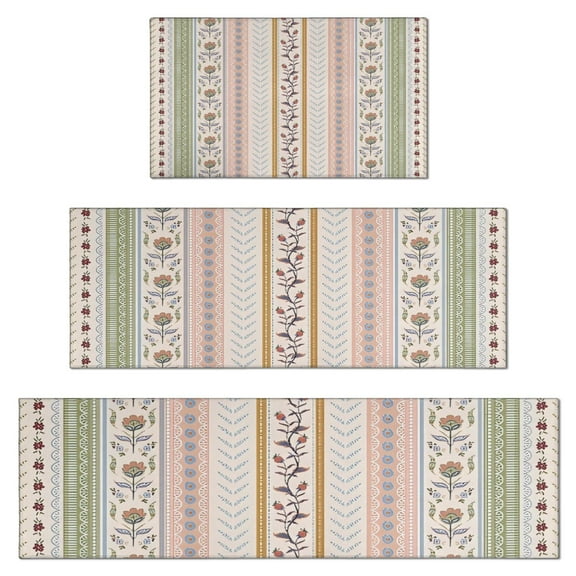 Pink Striped Floral Boho Pattern Kitchen Rugs Sets Of 3,Kitchen Runner Rugs Non Skid Washable,Decorative Kitchen Floor Mats for Kitchen,Sink,Laundry,17"x30"+ 17"x47" + 17"x59"