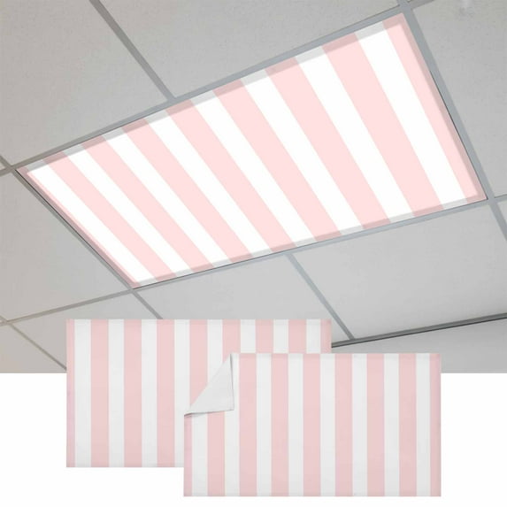 Pink Striped Fluorescent Light Covers, Modern Farmhouse Pink White Stripes Magnetic Light Covers for Ceiling Lights, Fluorescent Ceiling Shade Filters for Classroom Bedroom Office 4x2Ft x 2PCS