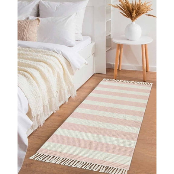 Pink Striped Hallway Runner Rug 2x5ft,Modern Farmhouse Pink White Stripes Washable Woven Living Room Bedroom Kitchen Bathroom Carpet with Tassels,Indoor Outdoor Throw Door Mat for Entryway