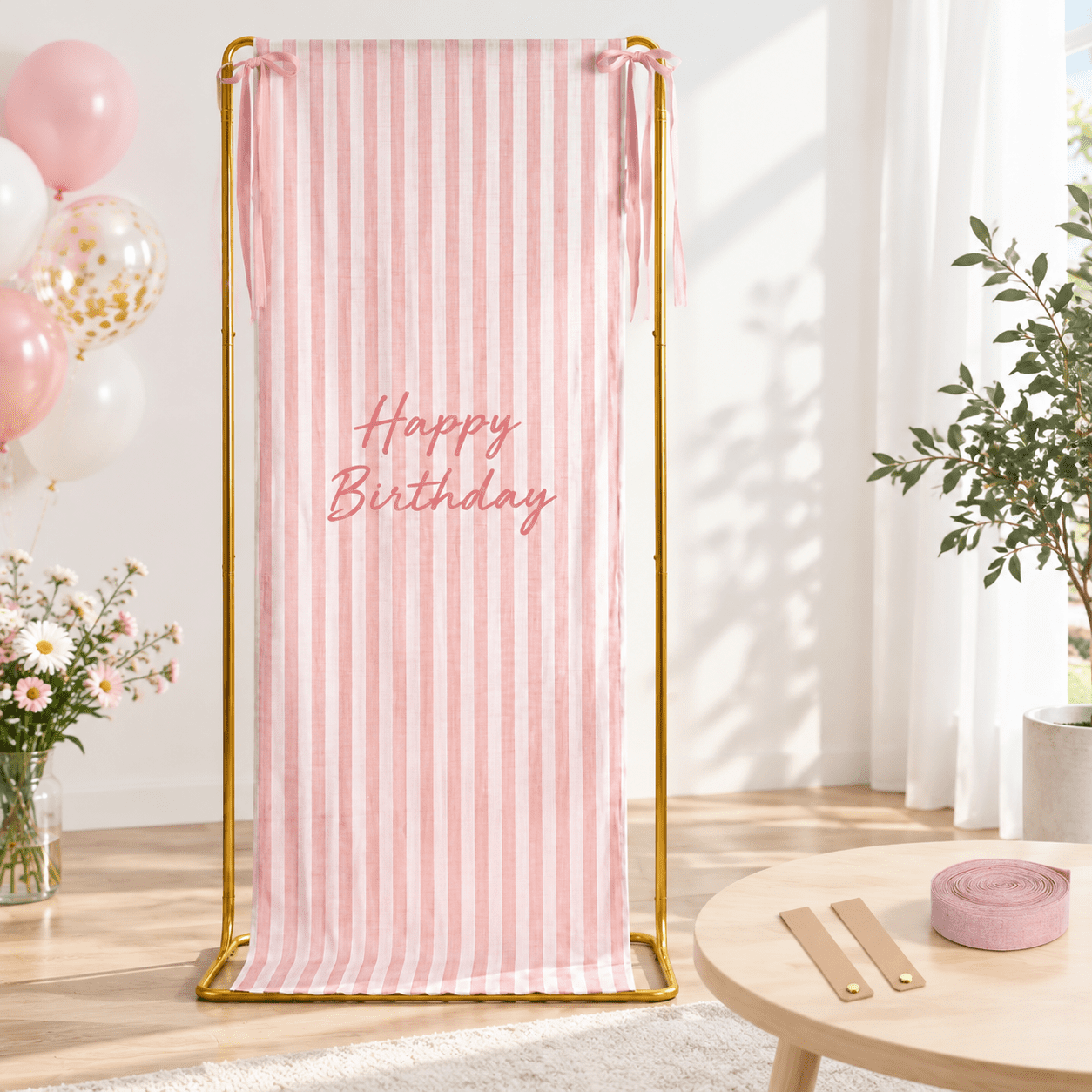 Pink Striped Happy Birthday Sign Stand with Linen Ribbon for Party ...