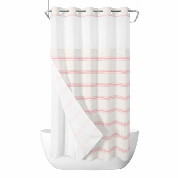 Pink Striped No Hook Shower Curtain Waterproof, Bathroom Curtains with Snap in Liners and See Through Top Window, Rustic Pink Stripe Modern Art Beige Hotel Style Bathtub Curtains Shower 54"Wx78"L