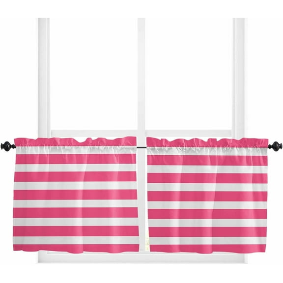 Pink Striped Kitchen Curtain 24 Inch Length Small Short Cafe Tiers Curtains Drape, Modern Simple Monochrome Geometric White Window Treatment Rod Pocket Drapery Panels Curtains, 27.5x24