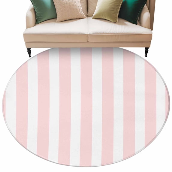 Pink Striped Large Area Rugs for Bedroom Living Room, Soft Non Slip Carpet Bedside Rug, Modern Farmhouse Pink White Stripes Round Floor Cover Kitchen Accent Rug 7' for Dining Room/Office