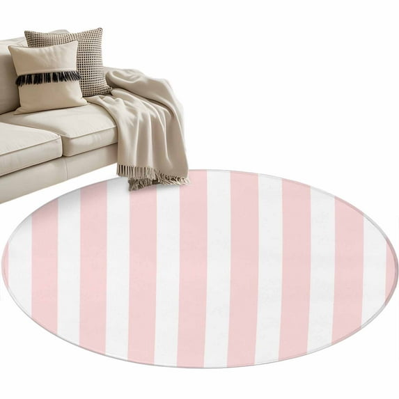 Pink Striped Large Area Rugs for Bedroom Living Room, Soft Non Slip Carpet Bedside Rug, Modern Farmhouse Pink White Stripes Round Floor Cover Kitchen Accent Rug 3.3' for Dining Room/Office