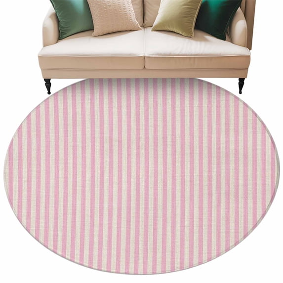 Pink Striped Large Area Rugs for Bedroom Living Room, Soft Non Slip Carpet Bedside Rug, Modern Simple Farmhouse Beige Vintage Round Floor Cover Kitchen Accent Rug 5' for Dining Room/Office