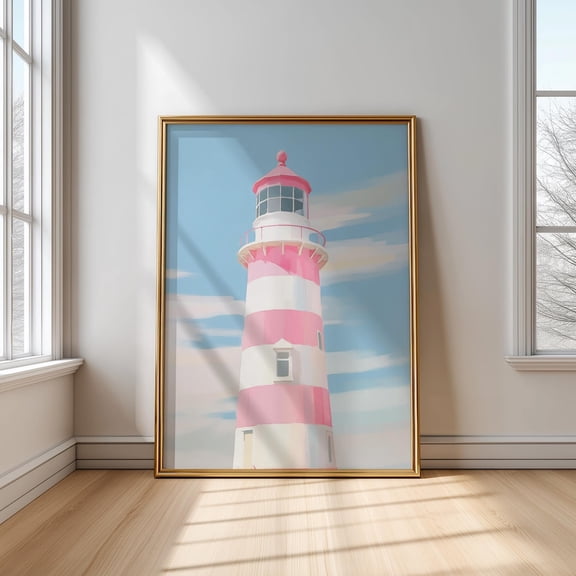Pink Striped Lighthouse Poster: Maine Coastal Wall Art, Summer Beach Decor, Unframed Poster Size 12x18