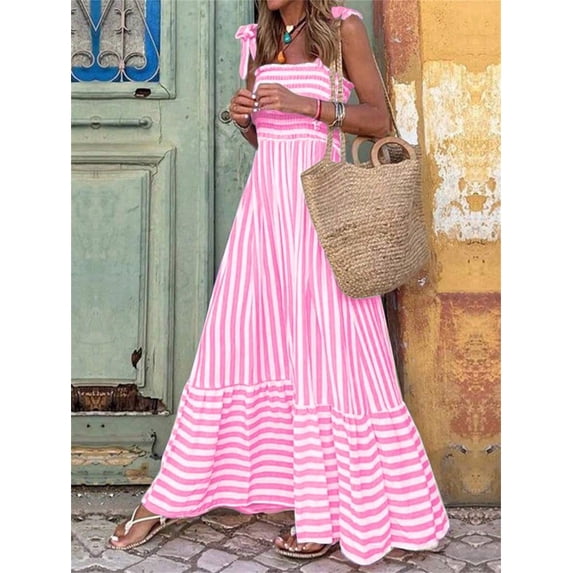 Pink Striped Maxi Dress With Tie Shoulder Straps And Smocked Bust For Beach Vacation