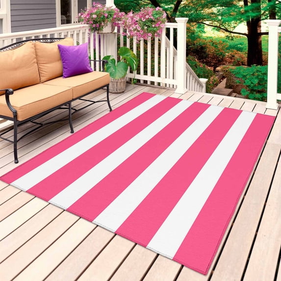 Pink Striped Outdoor Rug 4x6 Ft, Non Slip Washable Area Rug, Modern Simple Monochrome Geometric White Patio Rugs Carpet Runner, Large Floor Mat for Indoor/Outdoor Deck Porch Camping
