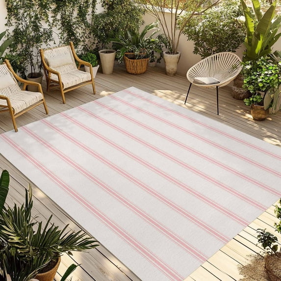 Pink Striped Outdoor Rug 6x9 Ft - Reversible Patio Rug Outdoor Camping Rugs, Rustic Pink Stripe Modern Art Beige Washable Indoor Outdoor Area Rugs, Non-Slip Outdoor Carpet Runner for Deck/Porch