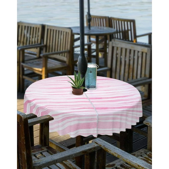 Pink Striped Outdoor Tablecloth - 60 Inch Round Dining Table Cover, Watercolor Pink White Stripes Waterproof Outdoor Table Cloth with Umbrella Hole & Zipper for Picnic/Patio/Party
