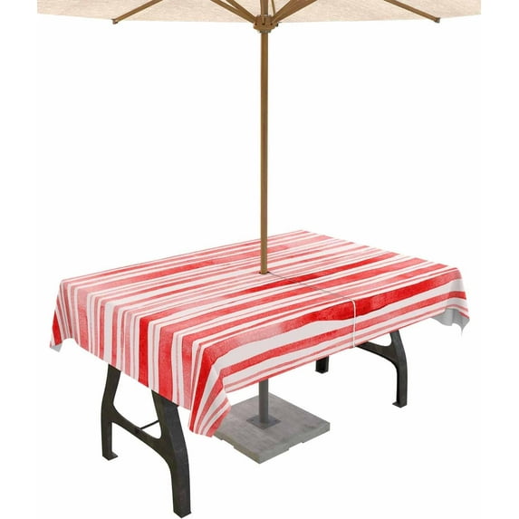 Pink Striped Outdoor Tablecloth - 60 Inch Round Dining Table Cover, Watercolor Pink White Stripes Waterproof Outdoor Table Cloth with Umbrella Hole & Zipper for Picnic/Patio/Party