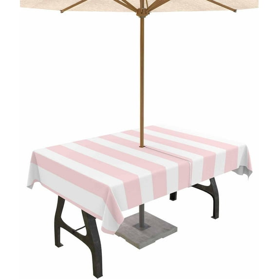 Pink Striped Outdoor Tablecloth with Umbrella Hole & Zipper, Farmhouse Rectangle Tablecloth 60x84 Inch, Modern Pink White Stripes Patio Table Cover Waterproof Table Cloth for Picnic/Party