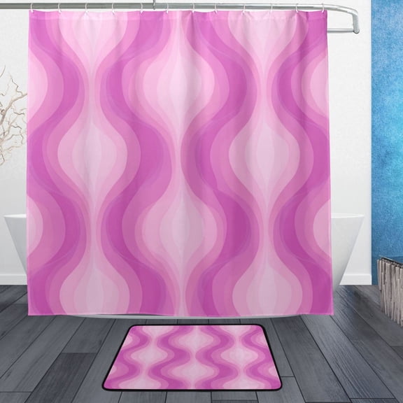 Pink Striped Pattern Bathroom Accessory Sets Waterproof Shower Curtain with Anti-Slip Bath Mat Durable Combo