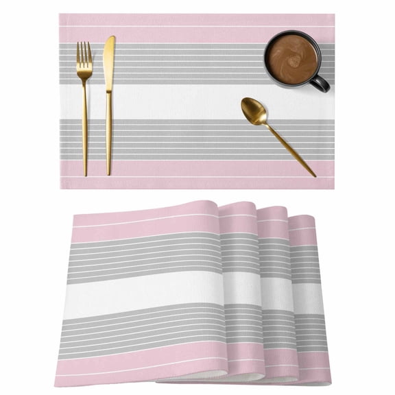 Pink Striped Placemats Set of 4 Multicolor Grey White Horizontal Stripes Place Mats Indoor Wipeable Table Mats Washable Cloth Dining Table Placemats for Kitchen Holiday Party Home Decor 13x19 Inch