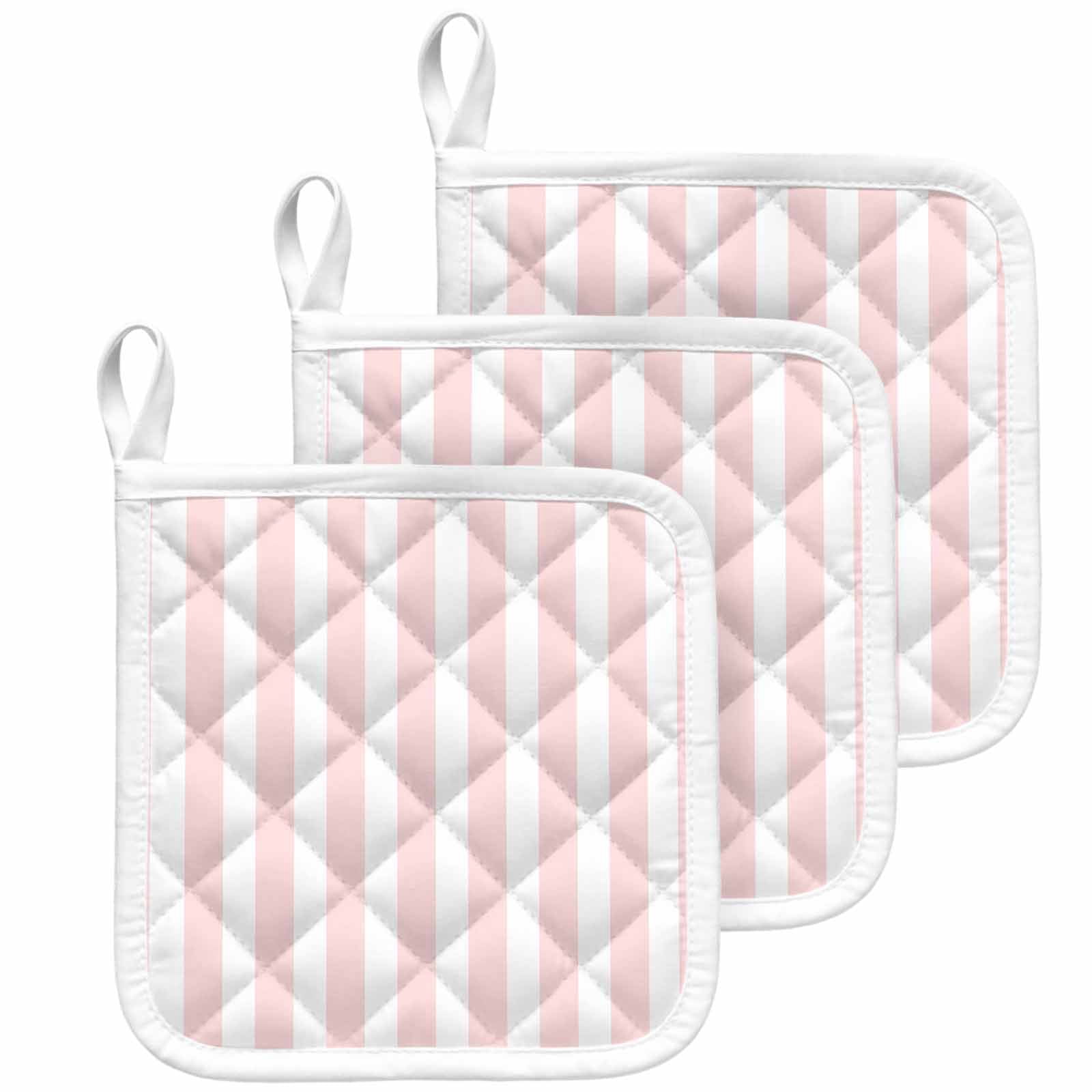 Pink Striped Pot Holders for Kitchen Heatproof Potholder, 3 Pack Modern Farmhouse Pink White Stripes Hot Pads Multipurpose Oven Pads Cloth Potholders Trivet for Cooking Baking