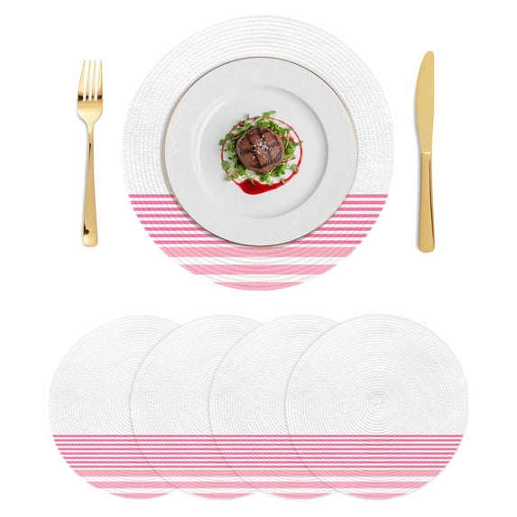 Pink Striped Round 13 Inch Placemats Set of 4, Modern Farmhouse Stripes HeatResistant Non Slip Place Mats for Dining Table, Wipeable Braided Kitchen Table Mats for Housewarming