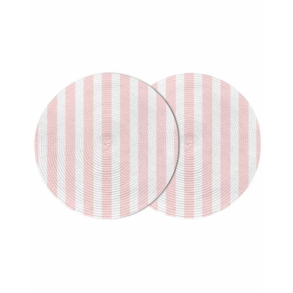 Pink Striped Round 15 Inch Placemats Set of 2, Modern Farmhouse Pink White Stripes HeatResistant Non Slip Place Mats for Dining Table, Wipeable Braided Kitchen Table Mats for Housewarming