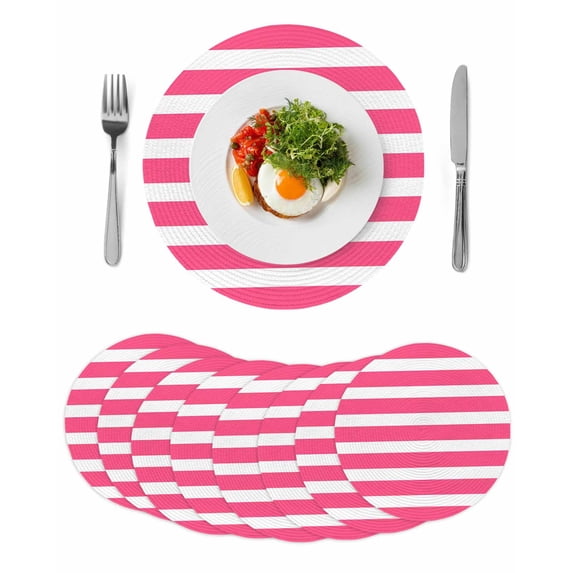 Pink Striped Round 15 Inch Placemats Set of 8, Modern Simple Monochrome Geometric White HeatResistant Non Slip Place Mats for Dining Table, Wipeable Braided Kitchen Table Mats for Housewarming