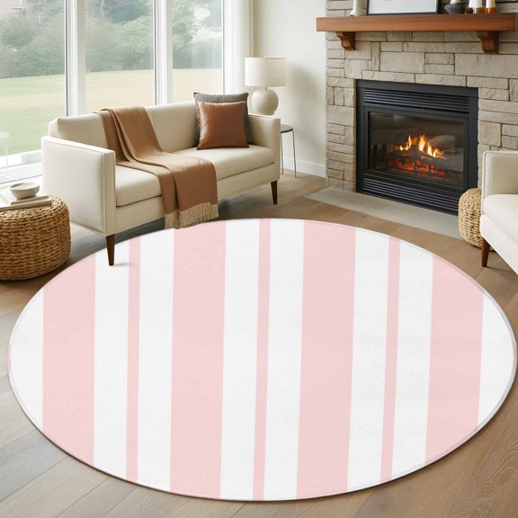 Pink Striped Round Rug 5Ft Modern Stripes Farmhouse Rustic Country Circle Area Rugs Washable Non Slip Indoor Floor Mats Carpet for Living Room Bedroom Dining Room Home Decor